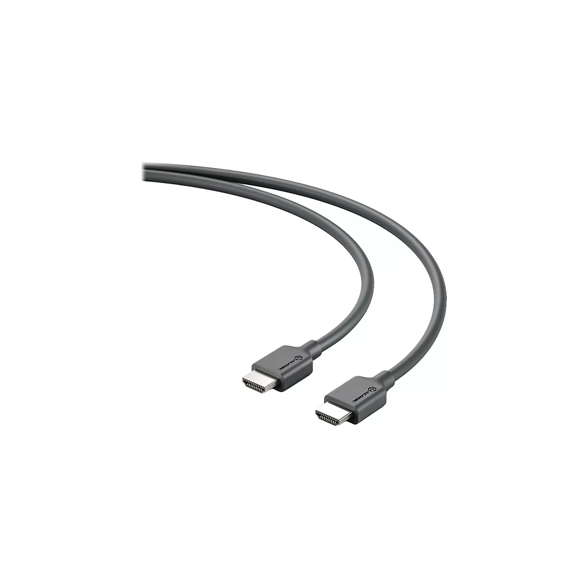 Zwei graue HDMI-Kabel mit Logoprägung auf den Steckern vor weißem Hintergrund.