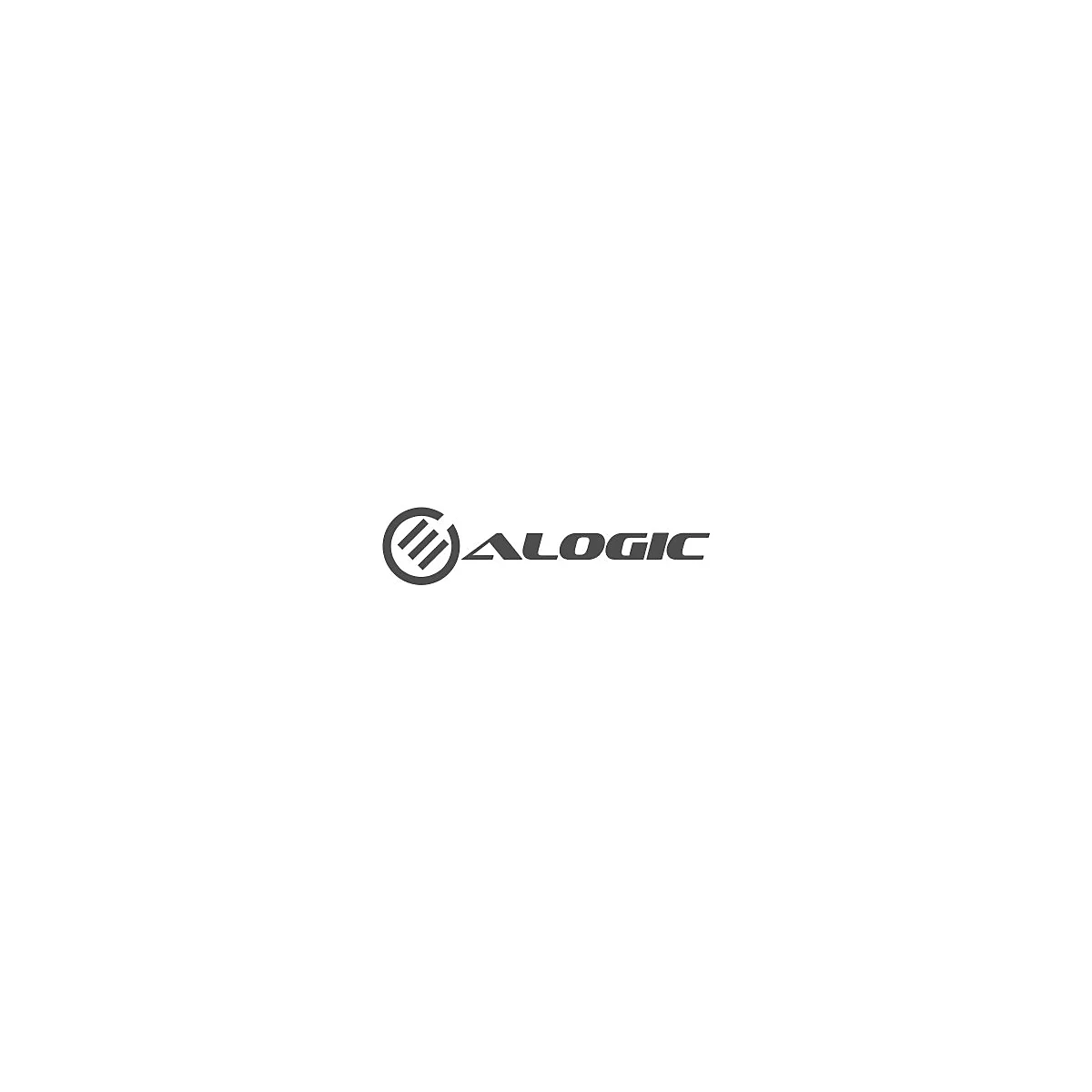 Graues Firmenlogo von Alogic, bestehend aus einem kreisförmigen Symbol mit drei diagonalen Strichen und dem Schriftzug.
