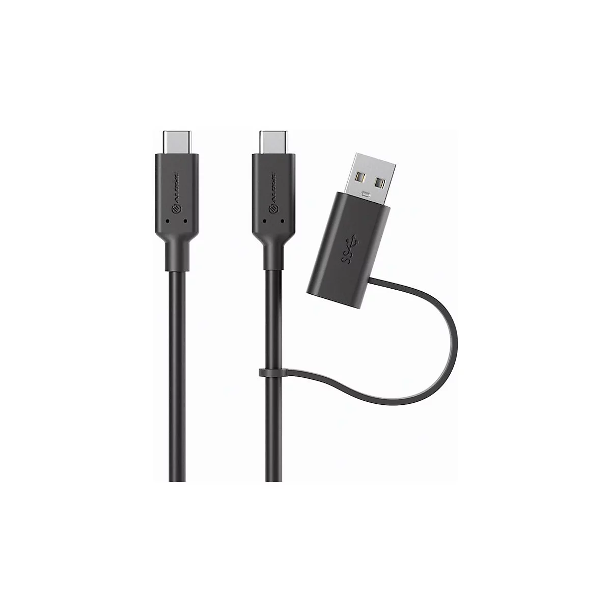 Schwarzes USB-Kabel mit zwei USB-C-Steckern und einem abnehmbaren USB-A-Adapter vor weißem Hintergrund.