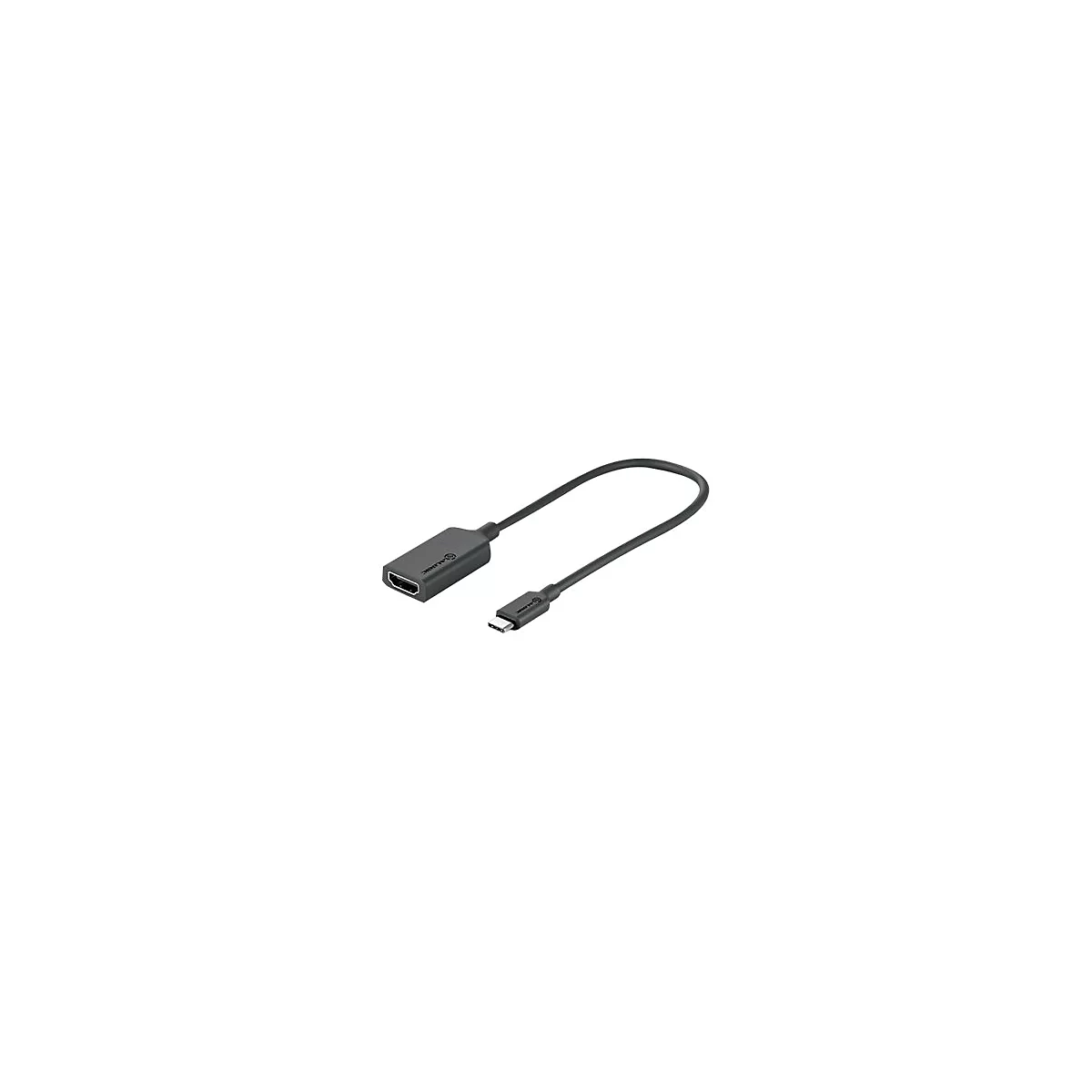 Schwarzer USB-C auf HDMI Adapter mit kurzem Kabel.