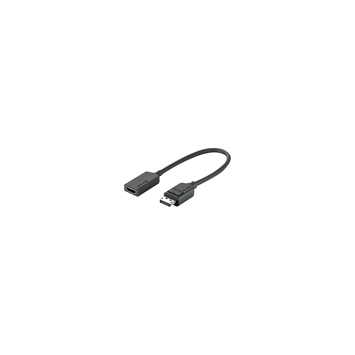 Schwarzer DisplayPort-zu-HDMI-Adapter mit kurzem Kabel vor neutralem Hintergrund.
