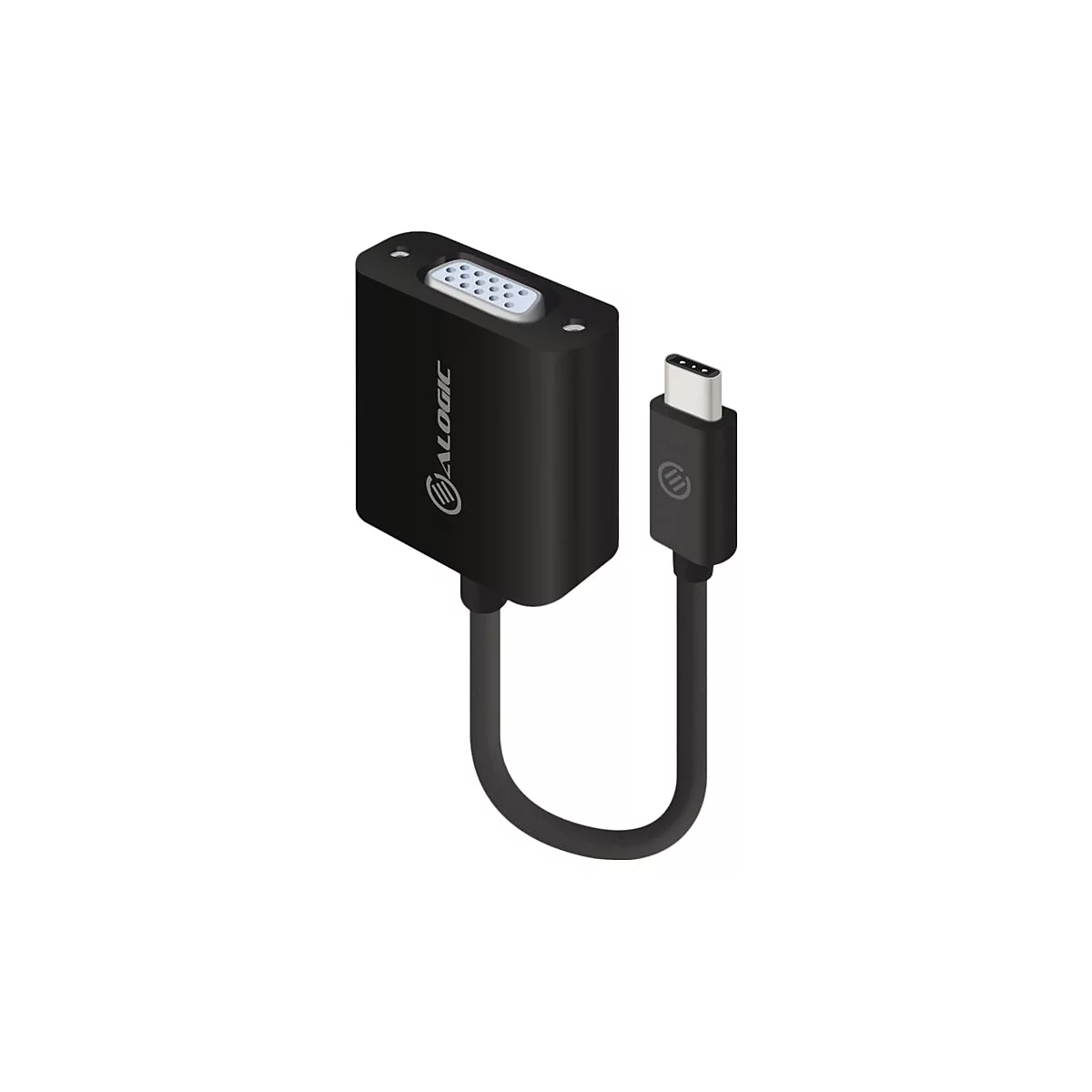 Schwarzer USB-C zu VGA-Adapter von Alogic vor weißem Hintergrund.