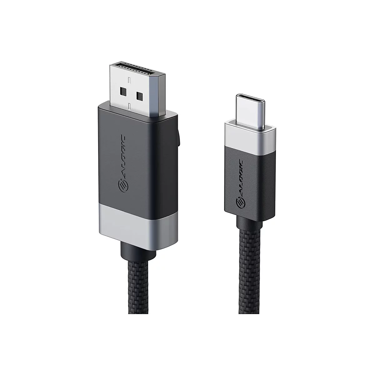DisplayPort-zu-USB-C-Adapterkabel von Alogic mit schwarzen, geflochtenen Kabeln.