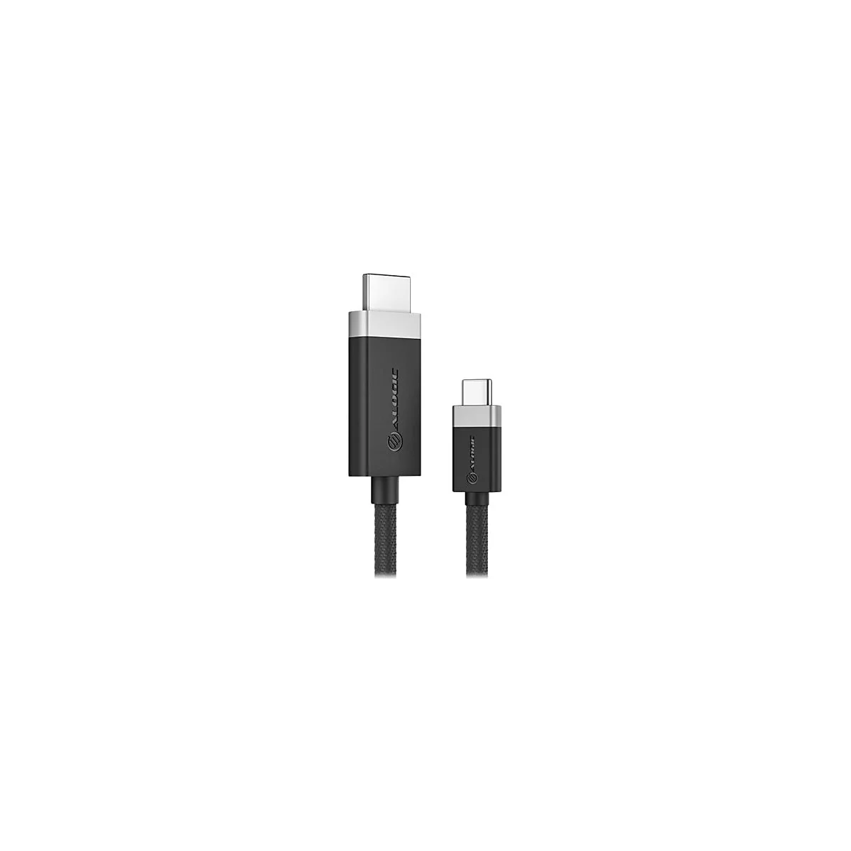 Zwei schwarze USB-C Stecker mit silbernen Endstücken und geflochtenem Kabel vor weißem Hintergrund.