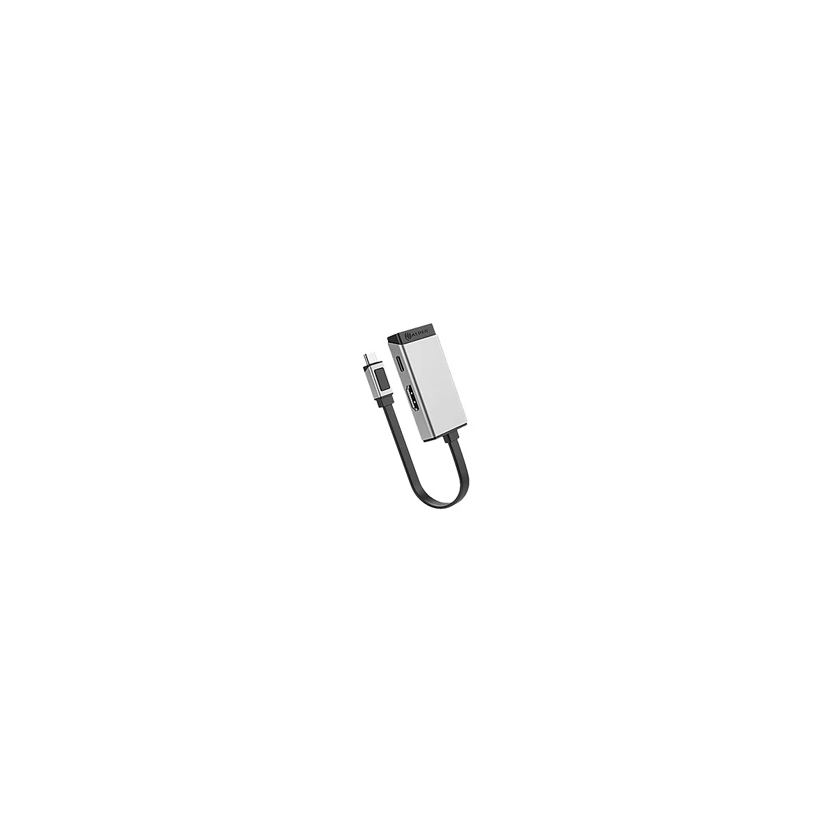Silberner USB-C Multiport-Adapter mit schwarzem Kabel vor weißem Hintergrund.