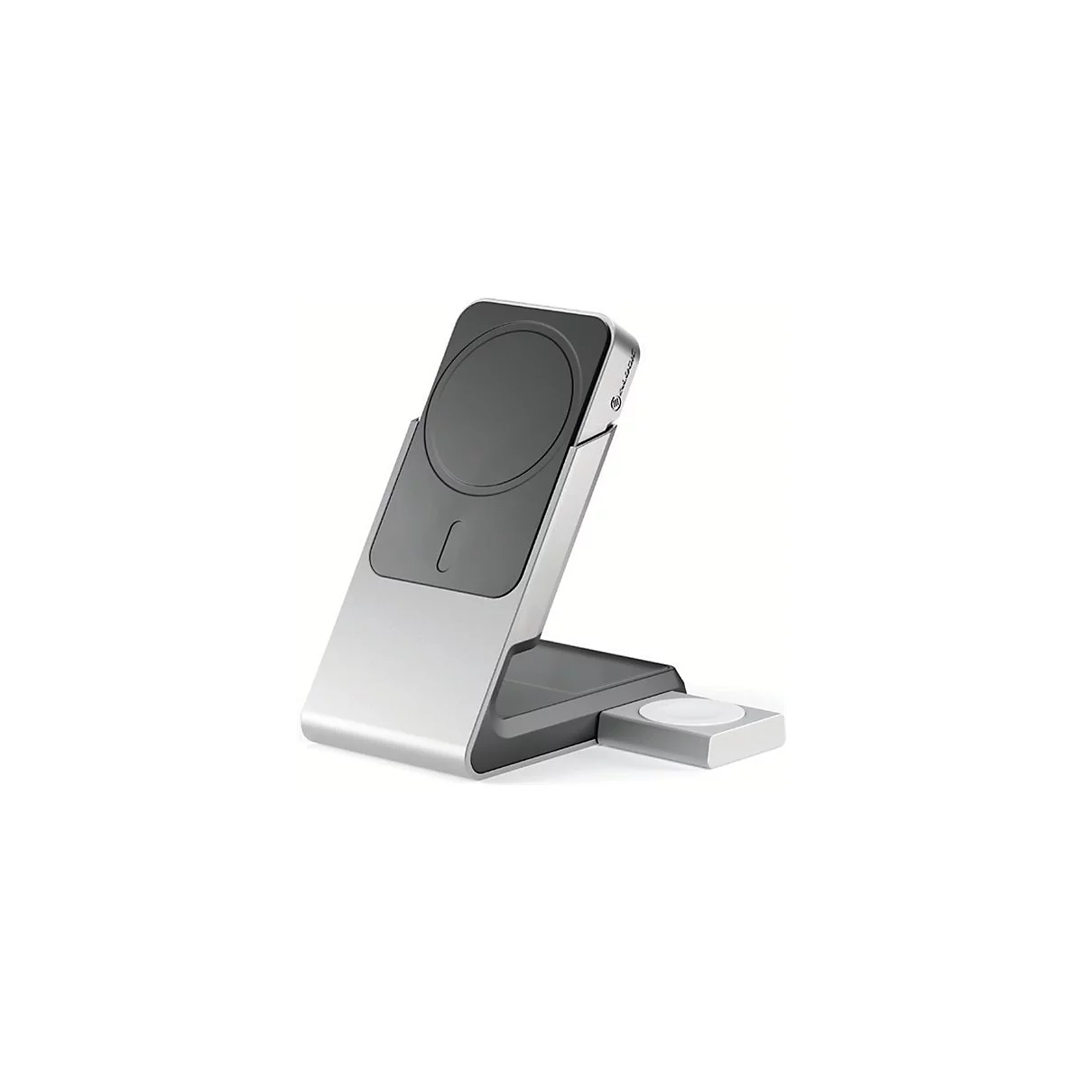 Silberne 2-in-1 Ladestation für Smartphone und Smartwatch auf weißem Hintergrund.