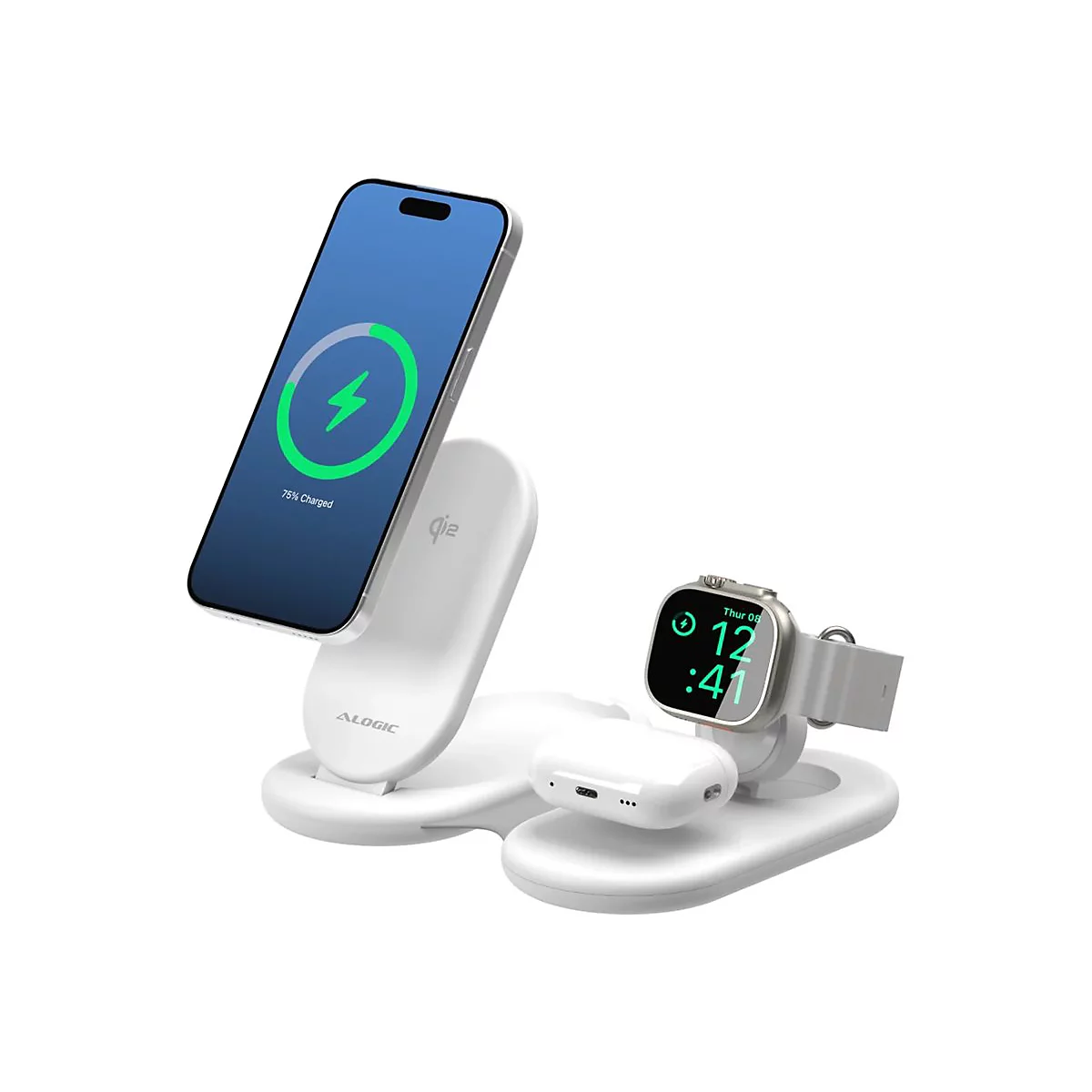 Weiße 3-in-1 Ladestation von ALOGIC mit einem iPhone, einer Apple Watch und AirPods auf weißem Hintergrund.