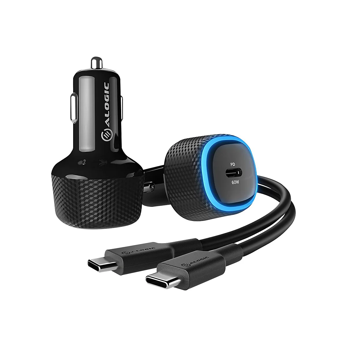Schwarzes Alogic Auto-Ladegerät mit blauem LED-Ring, USB-C-Anschluss und passendem USB-C-Kabel auf weißem Grund.