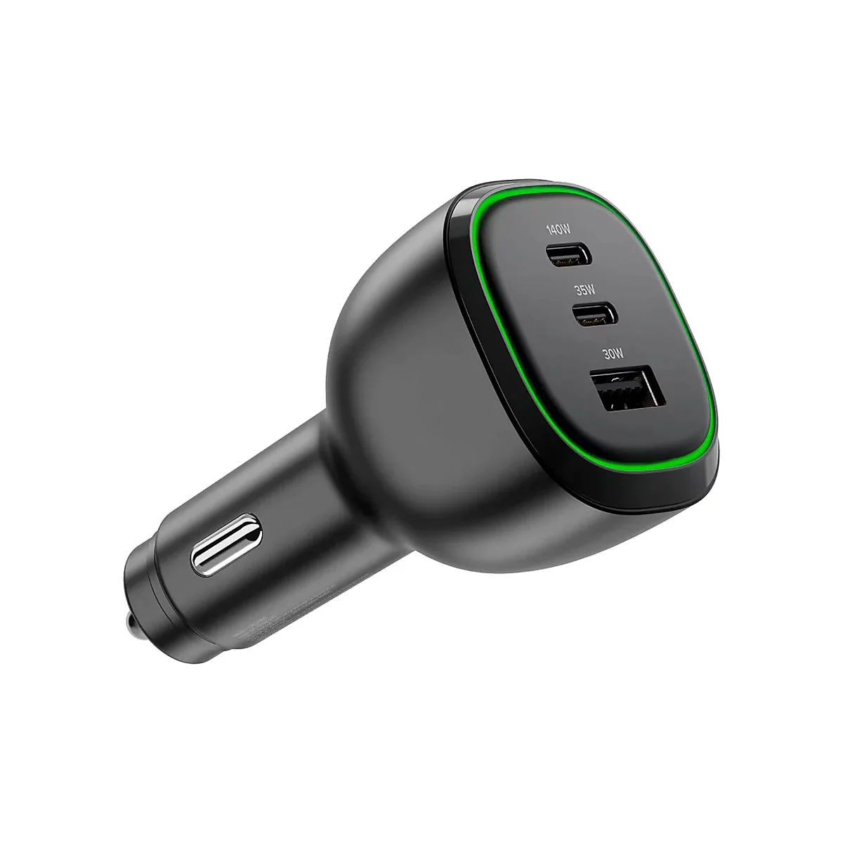 Schwarzes Ladegerät für den Zigarettenanzünder mit drei Anschlüssen, Leistungsangaben: 140W, 35W, 30W. Grüner Leuchtstreifen.