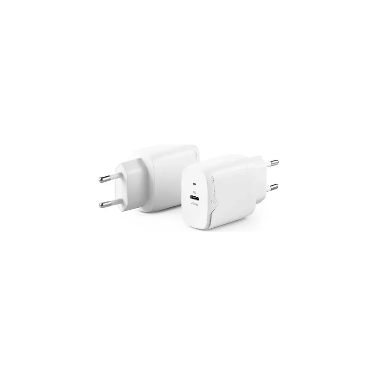 Zwei weiße USB-C-Netzladegeräte mit 20W Power Delivery vor weißem Hintergrund.