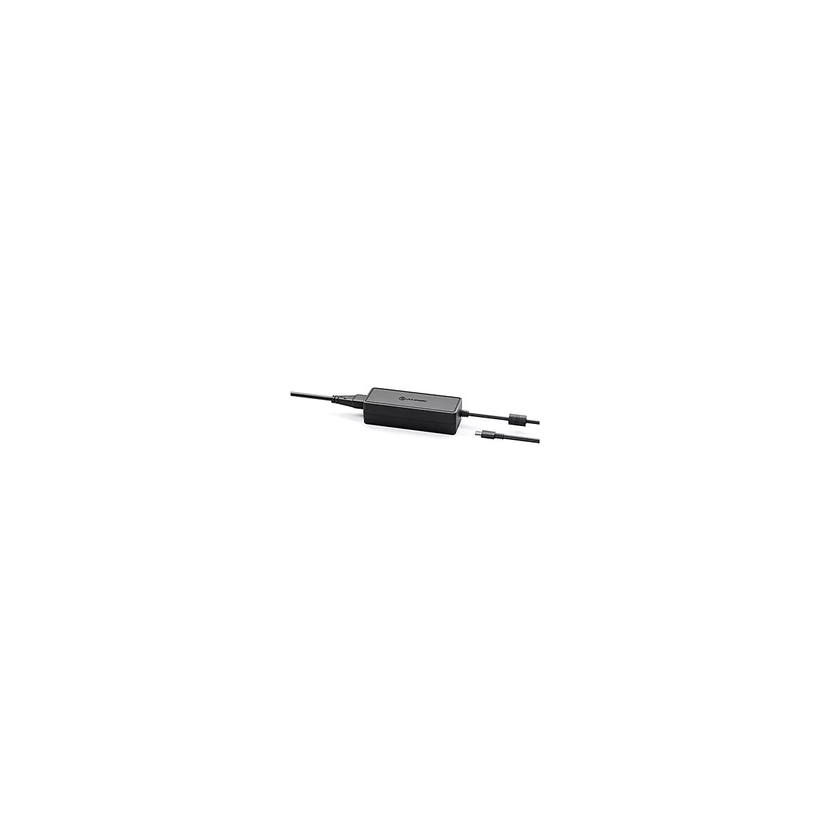 Schwarzes Netzteil mit USB-C-Kabel und Logo vor weißem Hintergrund.