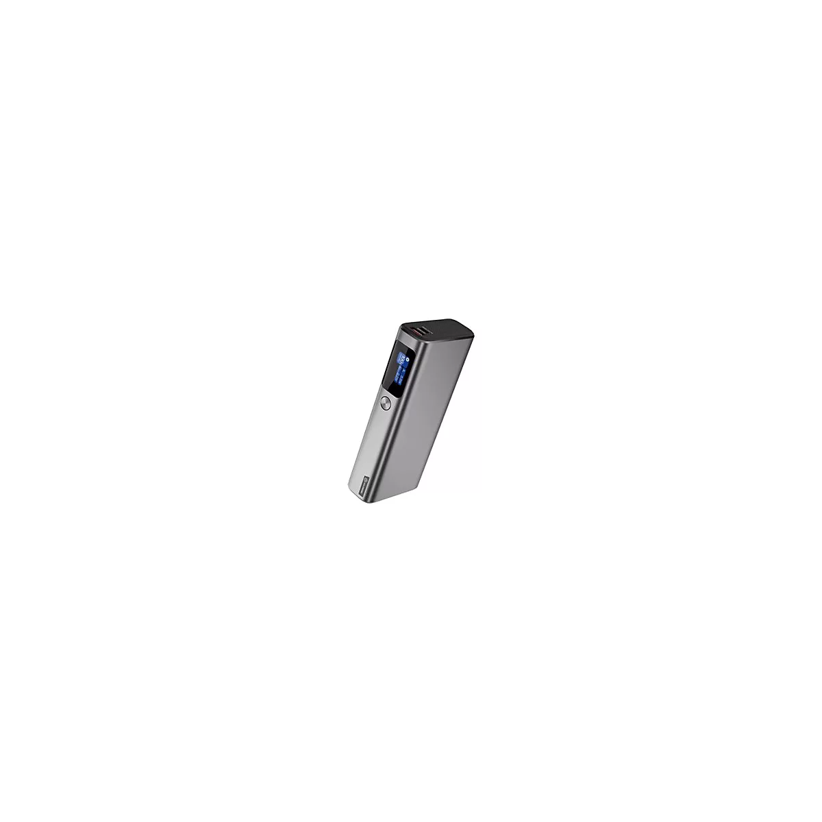 Graue Powerbank mit digitalem Display und seitlichem Knopf vor weißem Hintergrund.