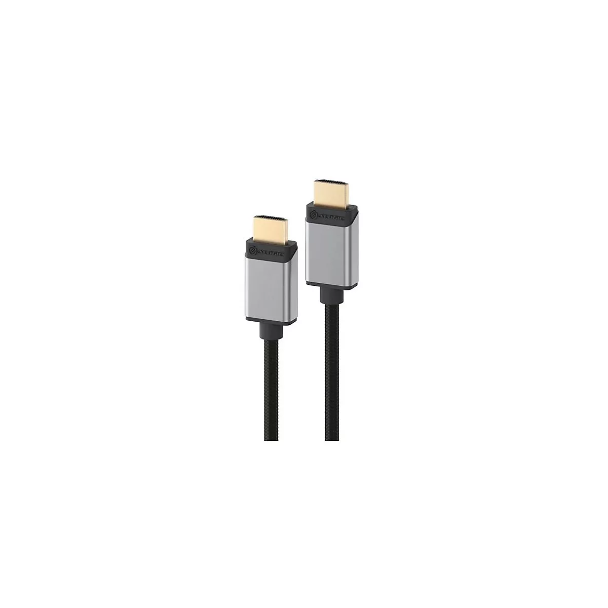 Zwei HDMI-Kabel mit goldfarbenen Anschlüssen und silberfarbenen Steckern mit Logoprägung vor weißem Hintergrund.