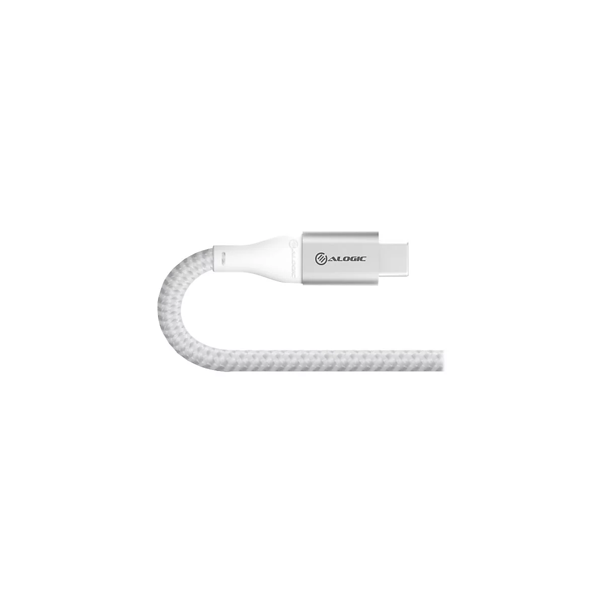 USB-C Stecker mit weißem Textilkabel und silbernem Gehäuse, auf dem das Alogic-Logo gedruckt ist.