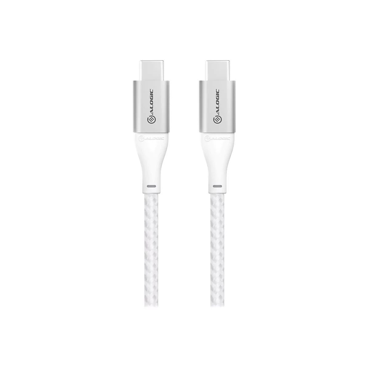 Zwei identische USB-C-Kabel mit silbernen Steckern und weißem Textilmantel, beide mit dem Alogic-Logo.
