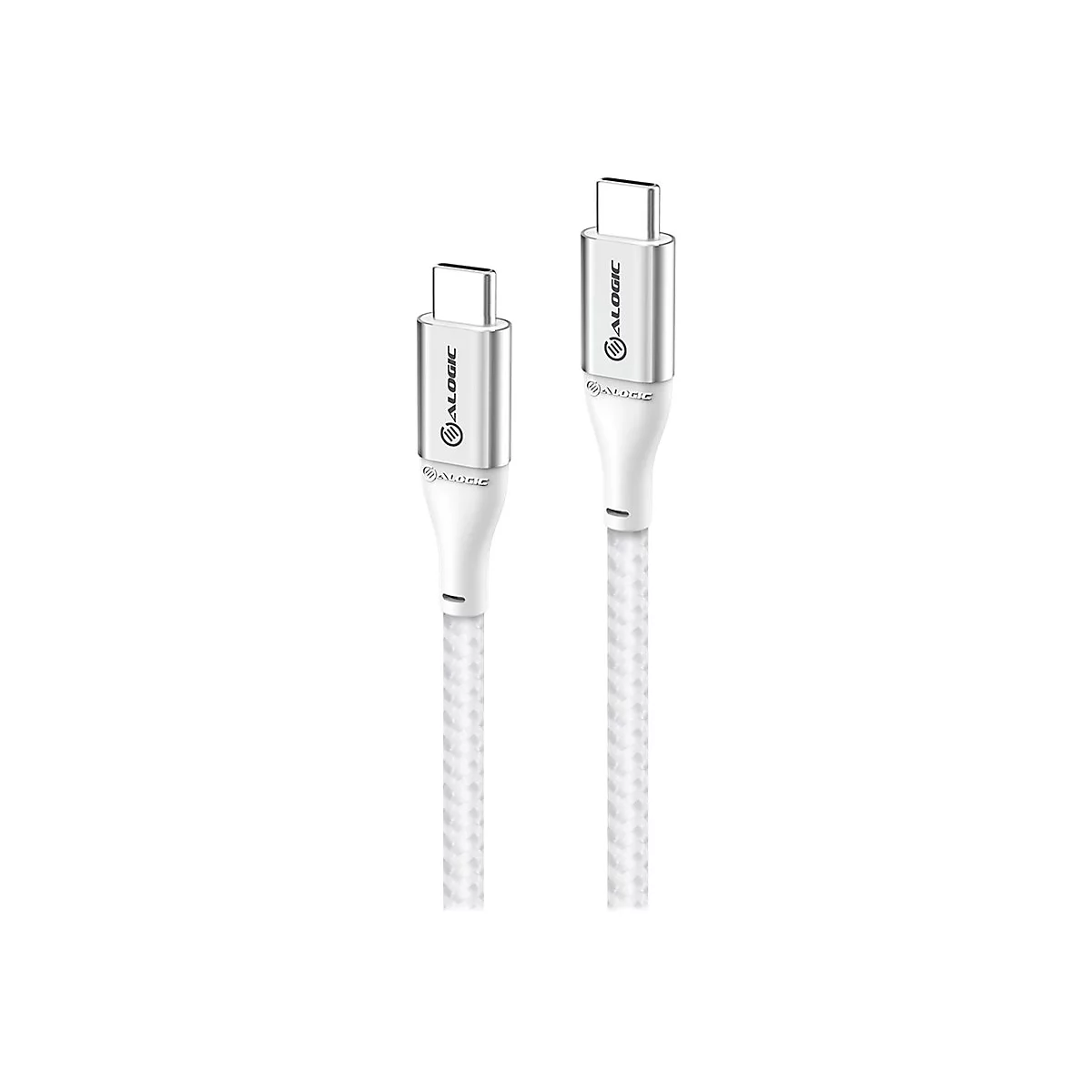 Zwei weiße USB-C-Kabelenden mit silbernem Steckergehäuse und eingeprägtem Alogic-Logo vor weißem Hintergrund.