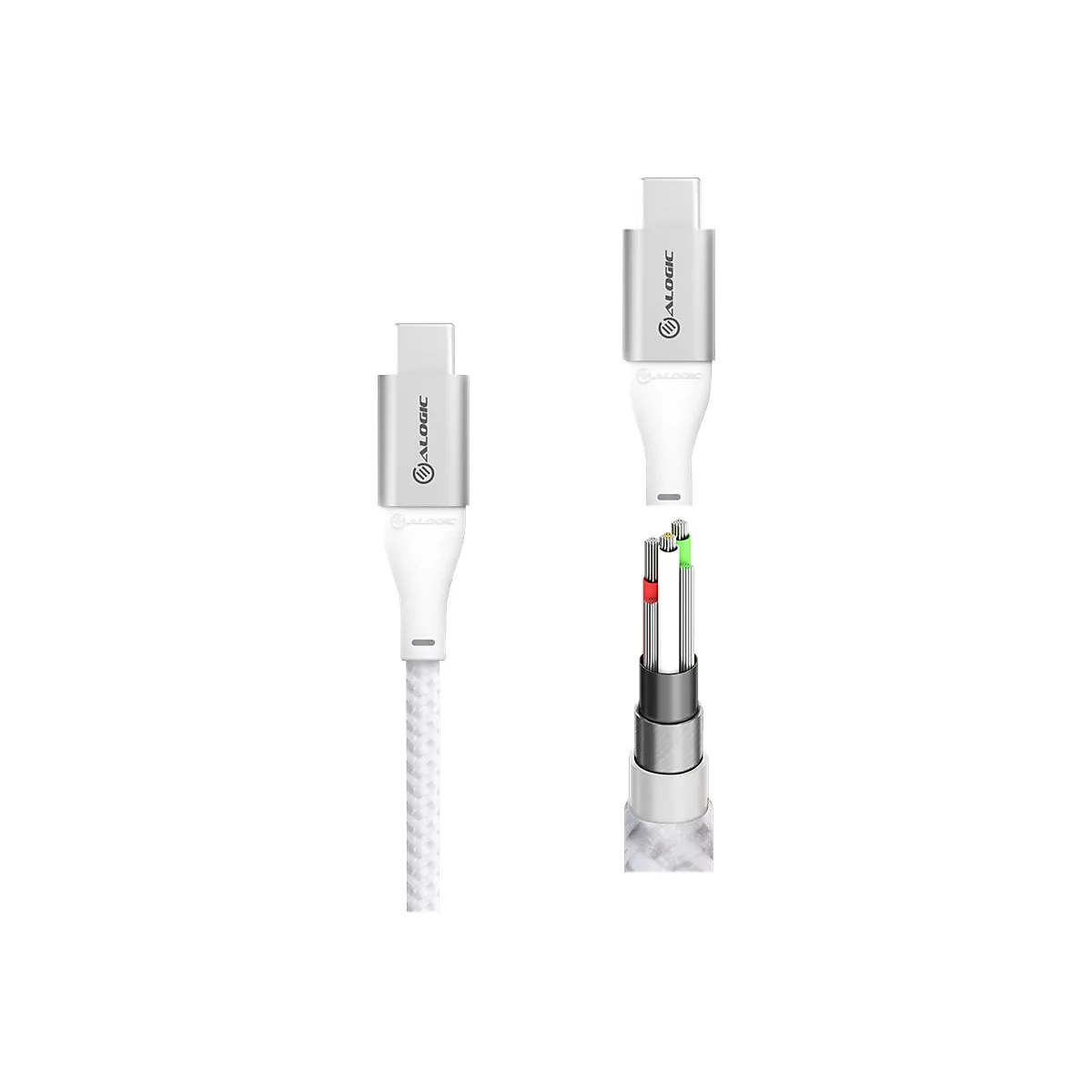 USB-C-Kabel mit Aluminiumstecker und Detailansicht des inneren Kabelaufbaus vor weißem Hintergrund.