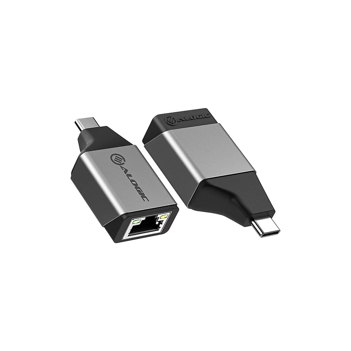 Zwei graue Alogic USB-C-auf-Ethernet-Adapter vor weißem Hintergrund.
