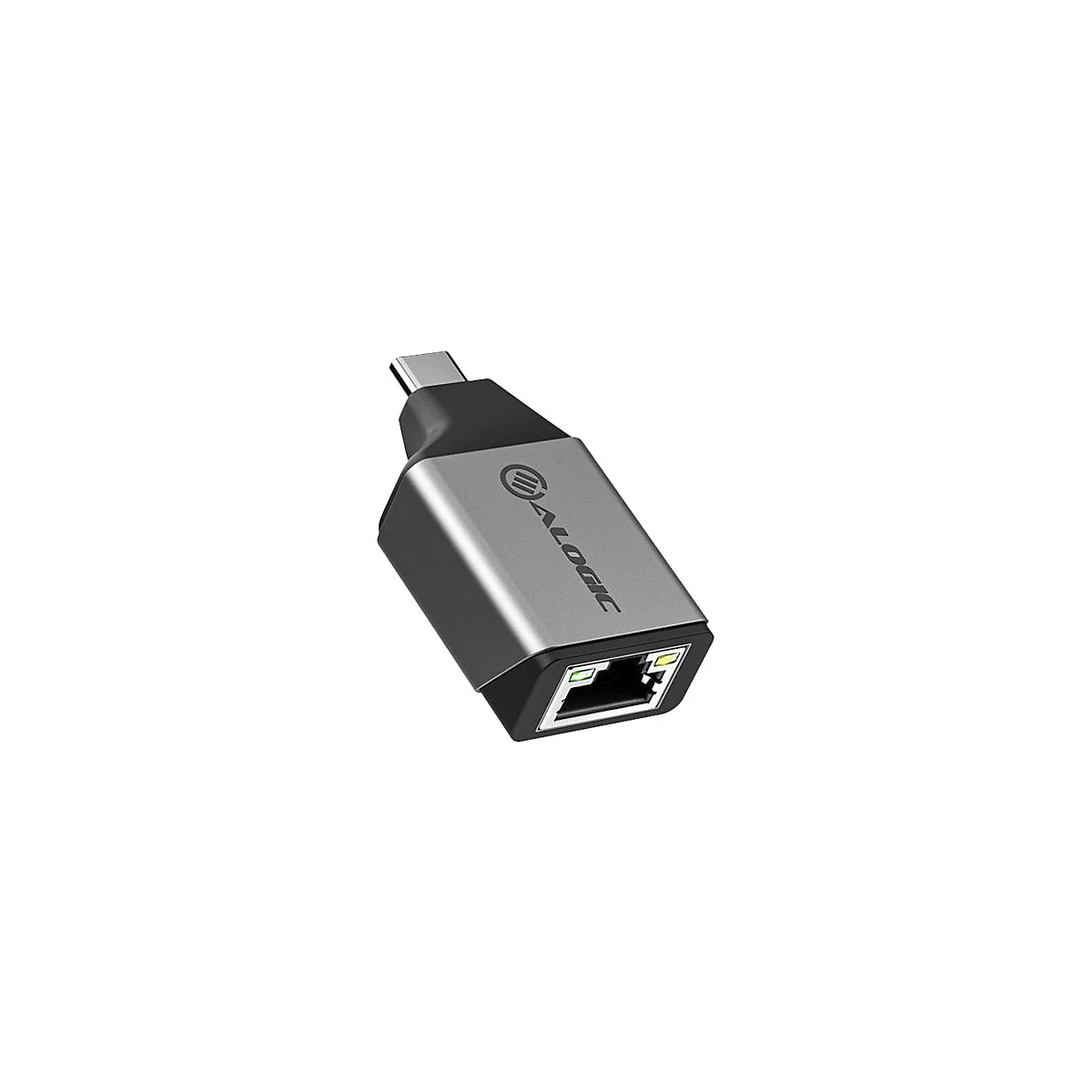 Ein silberner USB-C-auf-Ethernet-Adapter von Alogic mit schwarzem Kunststoffende und leuchtenden LEDs.