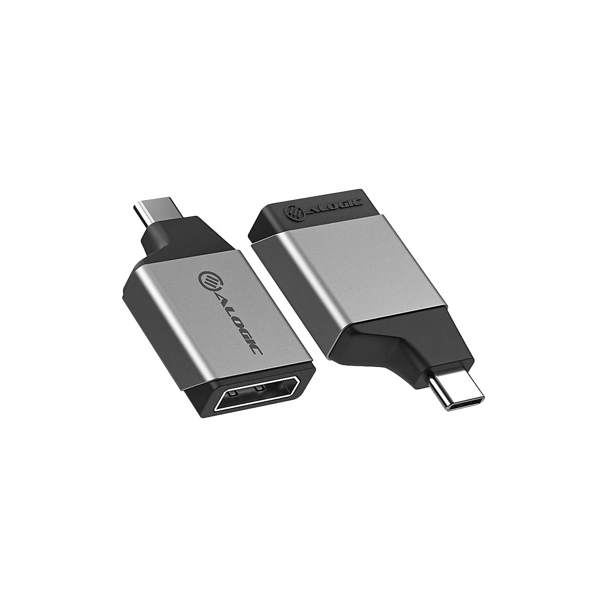 Zwei ALOGIC USB-C auf DisplayPort Adapter auf weißem Hintergrund.