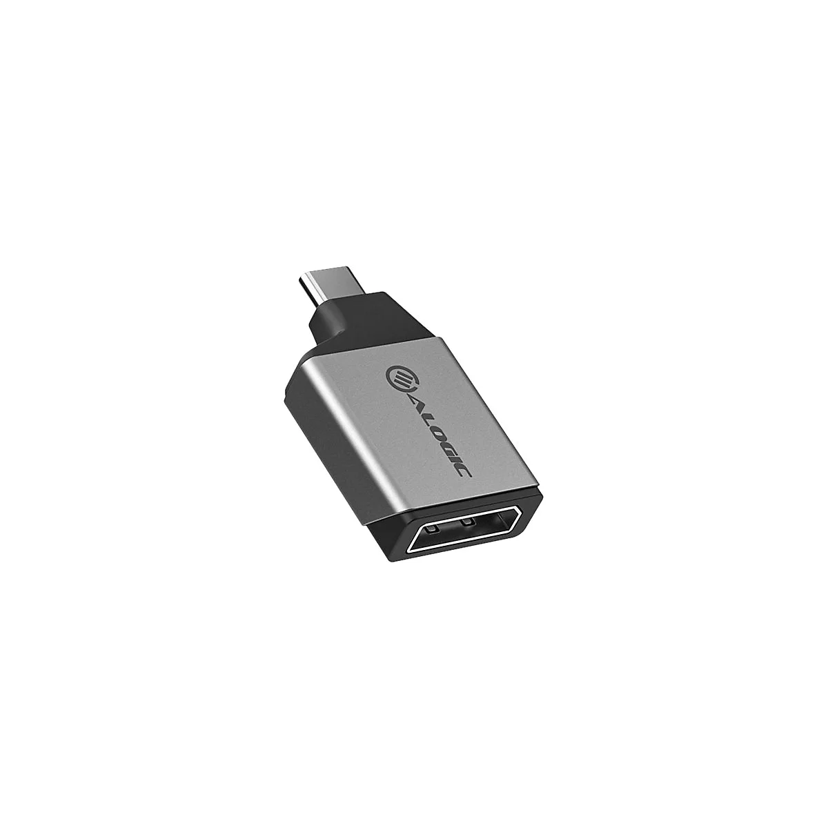 Silberner USB-C auf DisplayPort Adapter von Alogic vor weißem Hintergrund.