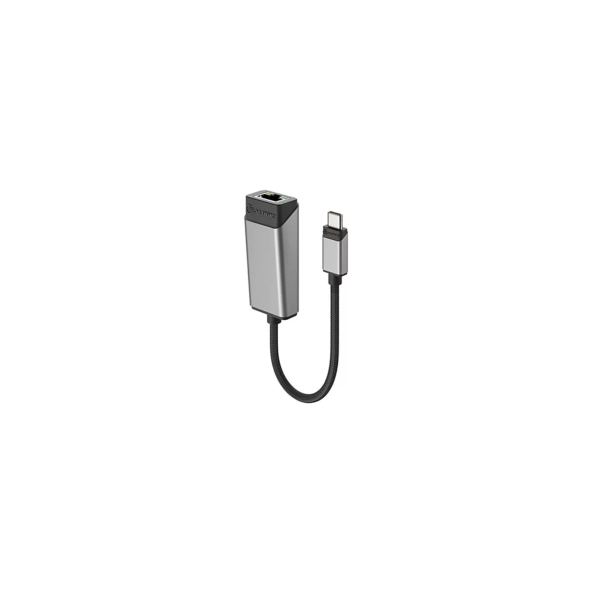 Silberner USB-C auf Gigabit Ethernet Adapter von Alogic mit schwarzem, stoffummanteltem Kabel vor weißem Hintergrund.