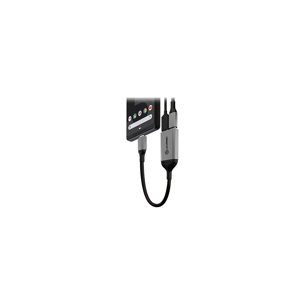Ein grauer Alogic-Adapter ist an ein Smartphone angeschlossen, mit zwei zusätzlichen Kabelverbindungen.