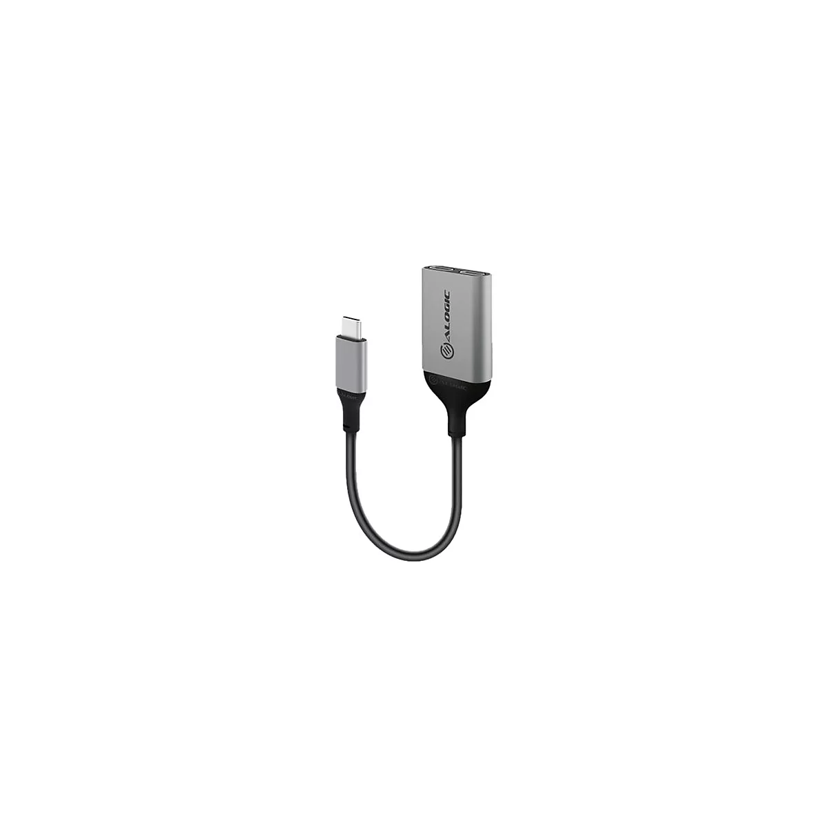 Grauer USB-C-auf-Doppel-USB-C-Adapter von Alogic mit schwarzem Kabel.