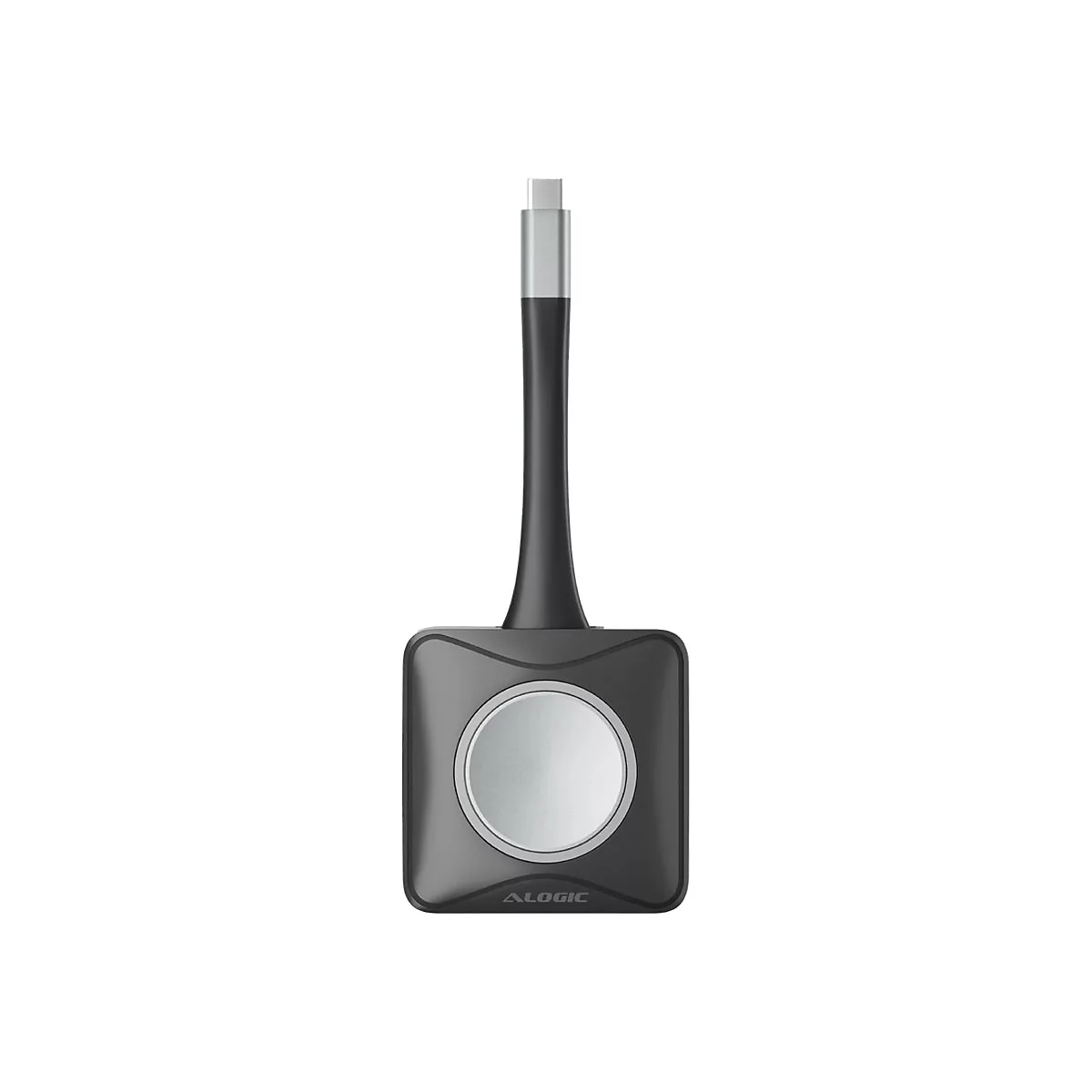 Schwarzer USB-C-Adapter mit quadratischem Design und rundem silbernem Anschluss auf weißem Hintergrund.