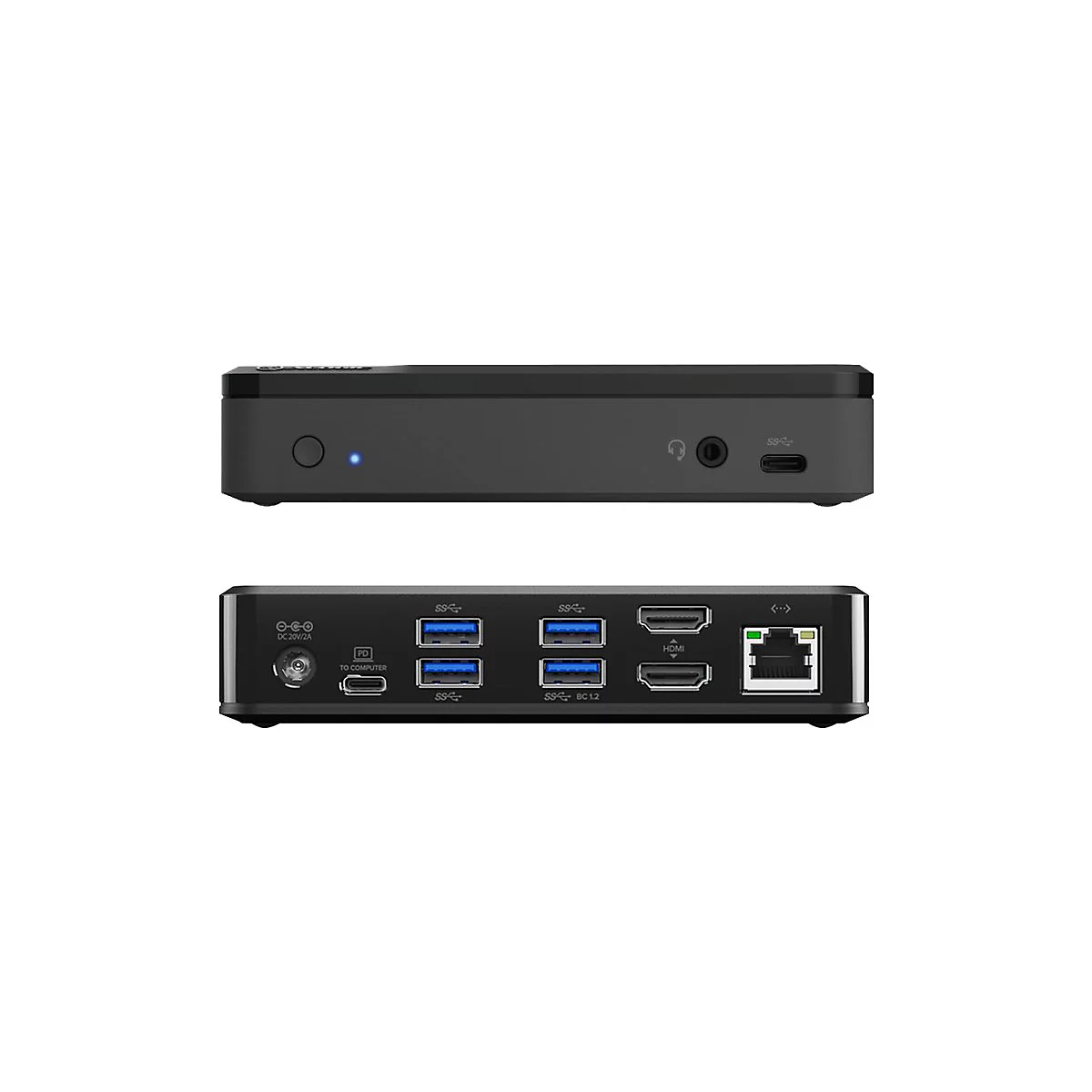 Schwarze Computer-Dockingstation mit AnschlÃ¼ssen fÃ¼r USB, HDMI, Ethernet und Audio.