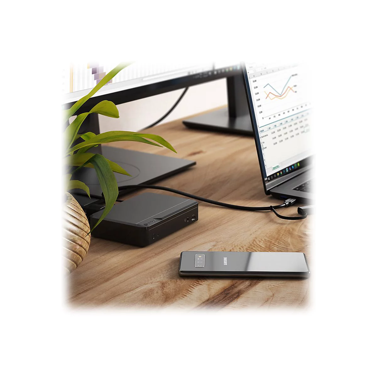 Schwarzer Hub auf Holzschreibtisch. Im Hintergrund ein Monitor, ein Laptop, eine Pflanze.