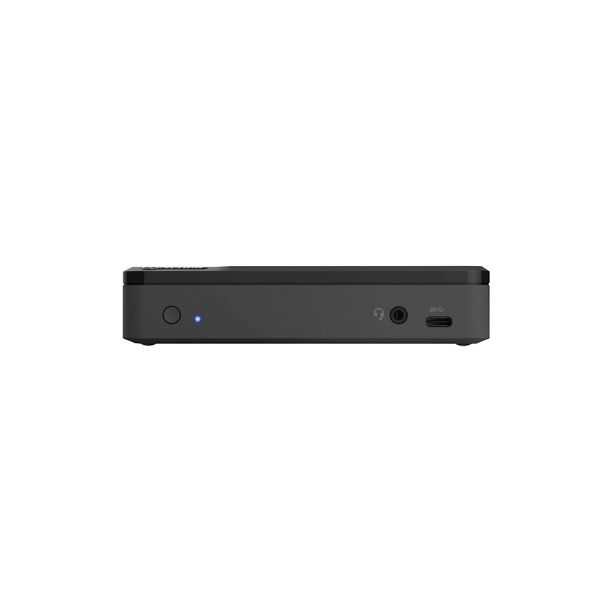 Grauer Medienplayer, Knopf mit blauem Licht, KopfhÃ¶reranschluss, USB-C-Anschluss, Seitenansicht.