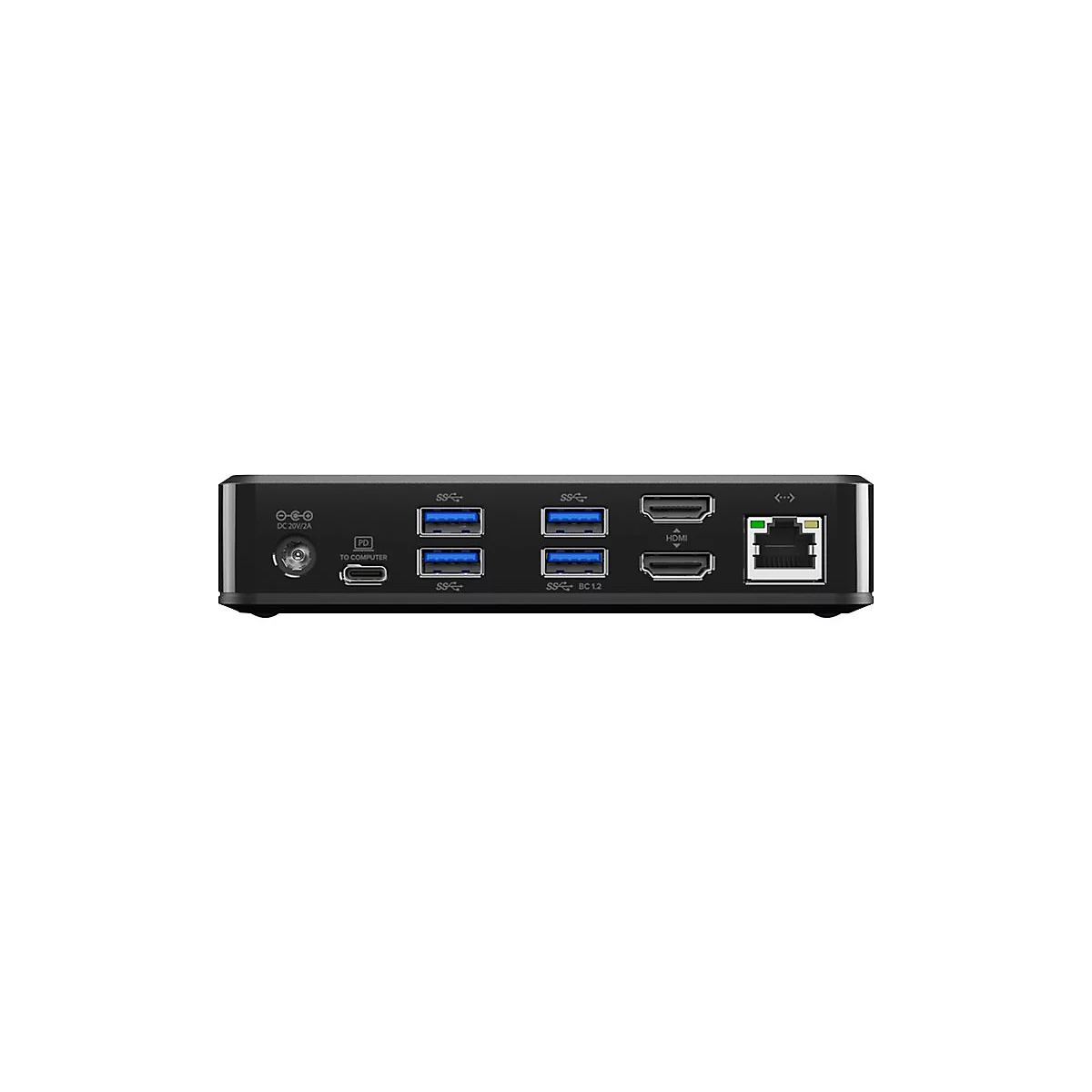 Schwarzer Hub mit verschiedenen AnschlÃ¼ssen, u. a. USB, HDMI und Ethernet. Aufschrift: DC 20V/3A.