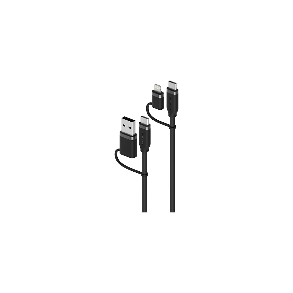Schwarzes Ladekabel mit mehreren Anschlüssen, darunter USB-A, USB-C und Lightning, vor weißem Hintergrund.