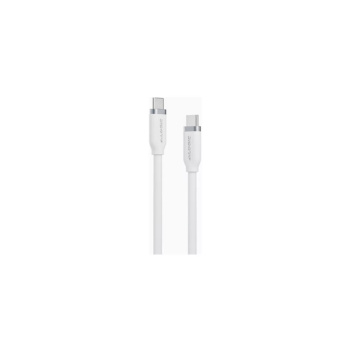 Zwei weiße USB-C Kabelenden mit silbernem Ring und ALOGIC Schriftzug vor weißem Hintergrund.