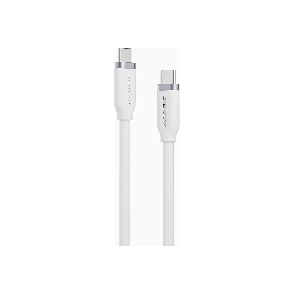 Zwei weiße USB-C-Kabelenden mit silbernen Steckern und ALOGIC-Logo vor weißem Hintergrund.