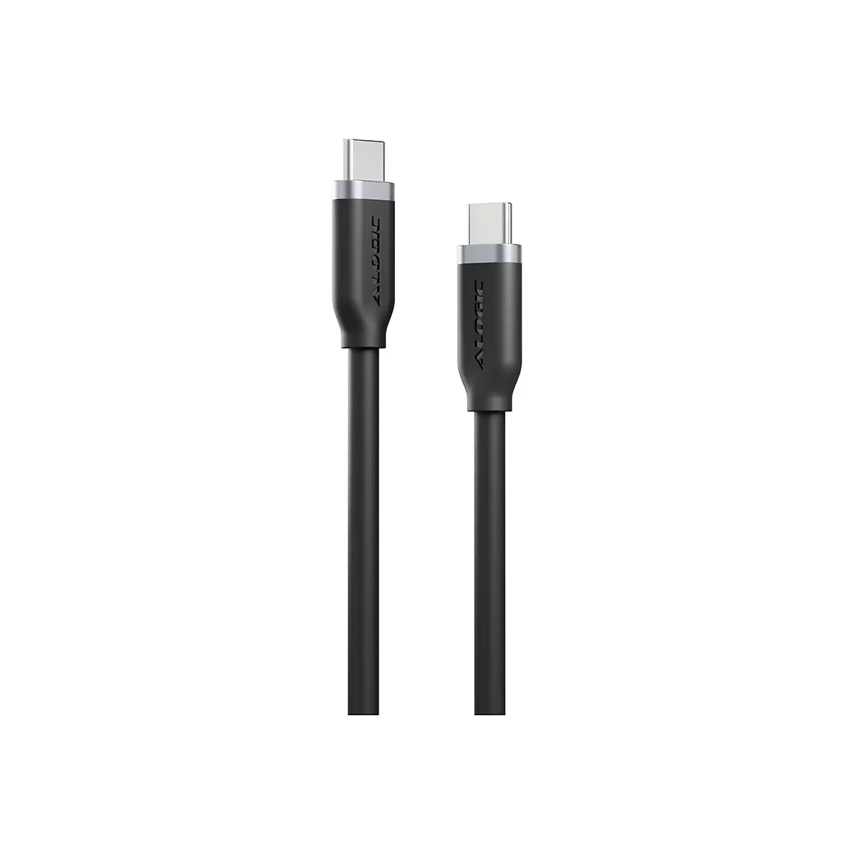 Zwei identische schwarze USB-C-Kabel mit grauen Steckern und Alogic-Logo vor weißem Hintergrund.