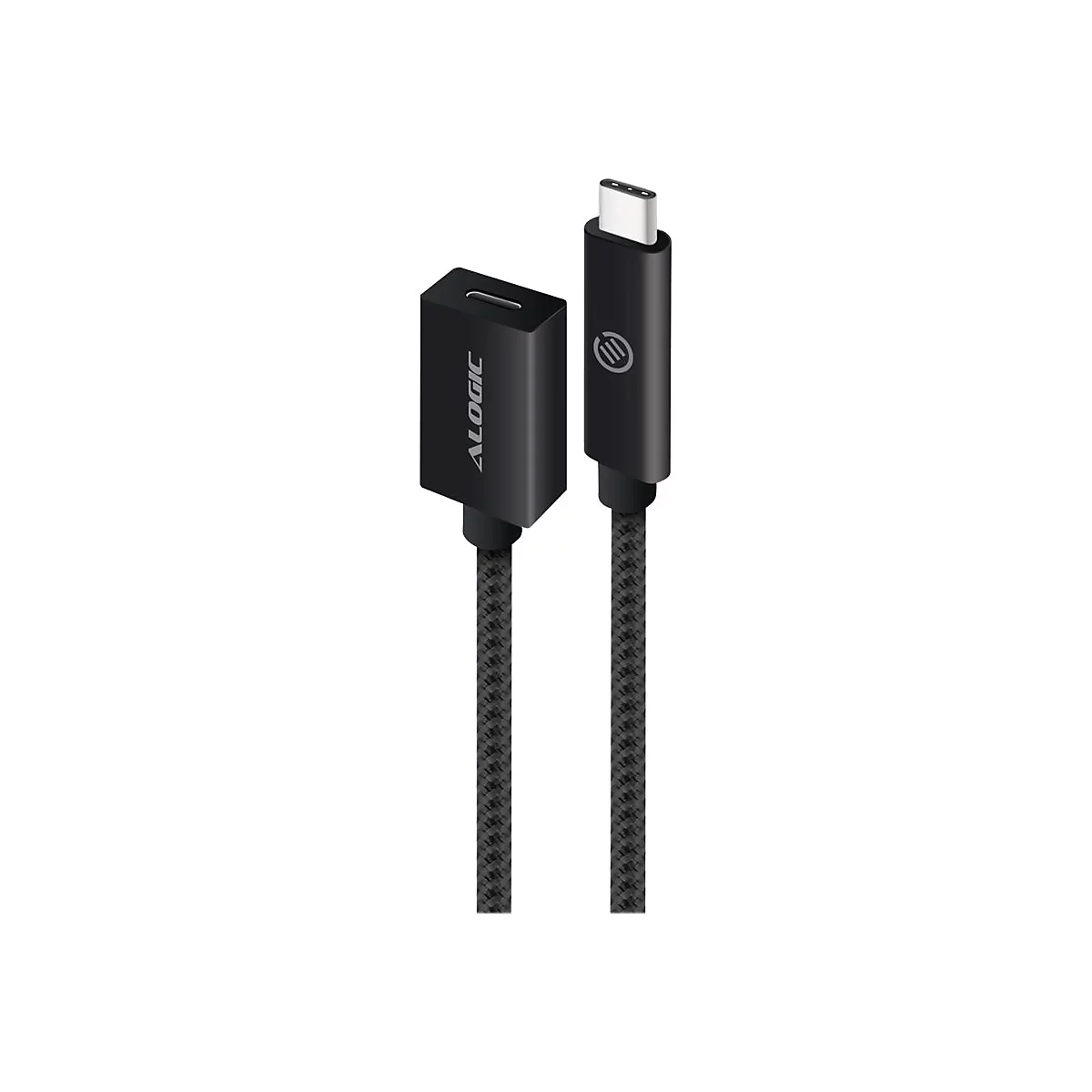 Schwarzes USB-C-Verlängerungskabel mit Alogic-Branding vor neutralem Hintergrund.