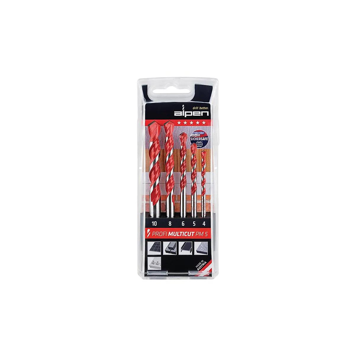 ALPEN Bohrersatz Profi Multicut, 5-tlg. Ø 4-10 mm, rund, für Fliesen, Mauerwerk, Metall, Holz & Kunststoff
