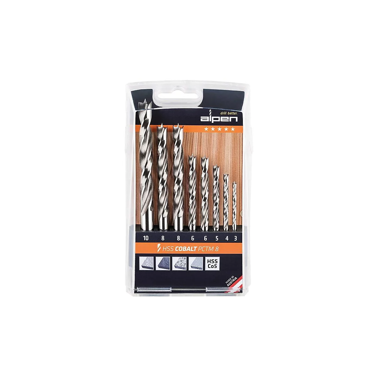 ALPEN houtdraaierset PCTM, 8-delig, Ø 3-10 mm, HSS-Co5, hittebestendig tot 650°C, ideaal voor terrasplanken