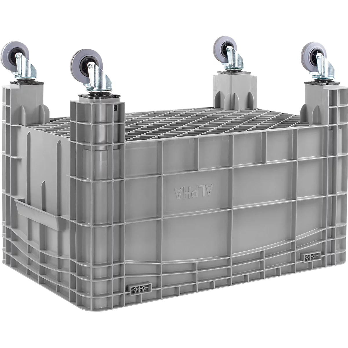 Boîte en plastique grise avec roues, le texte ALPHA est visible.