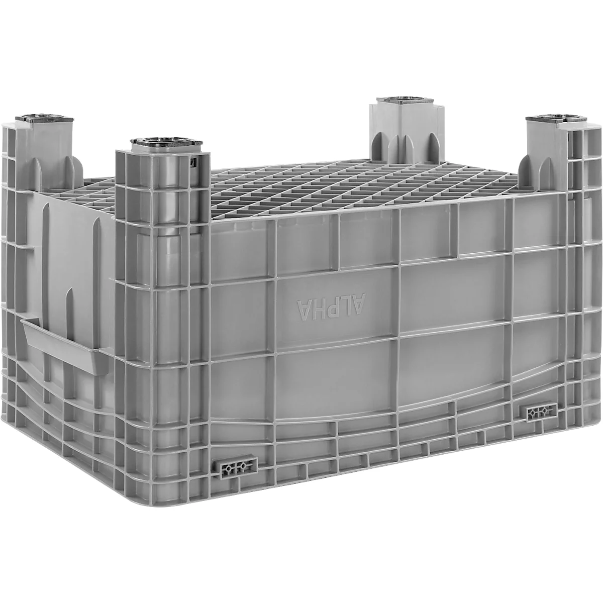 Bac en plastique gris avec lettrage ALPHA. Motif en grille sur le dessus, forme angulaire. Debout sur quatre piliers d'angle.