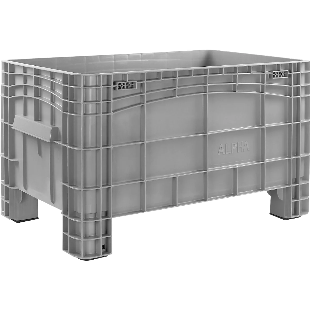 Graue Kunststoffbox mit ALPHA Schriftzug auf der Seite. Rechteckige Form, auf hohen Füßen stehend.