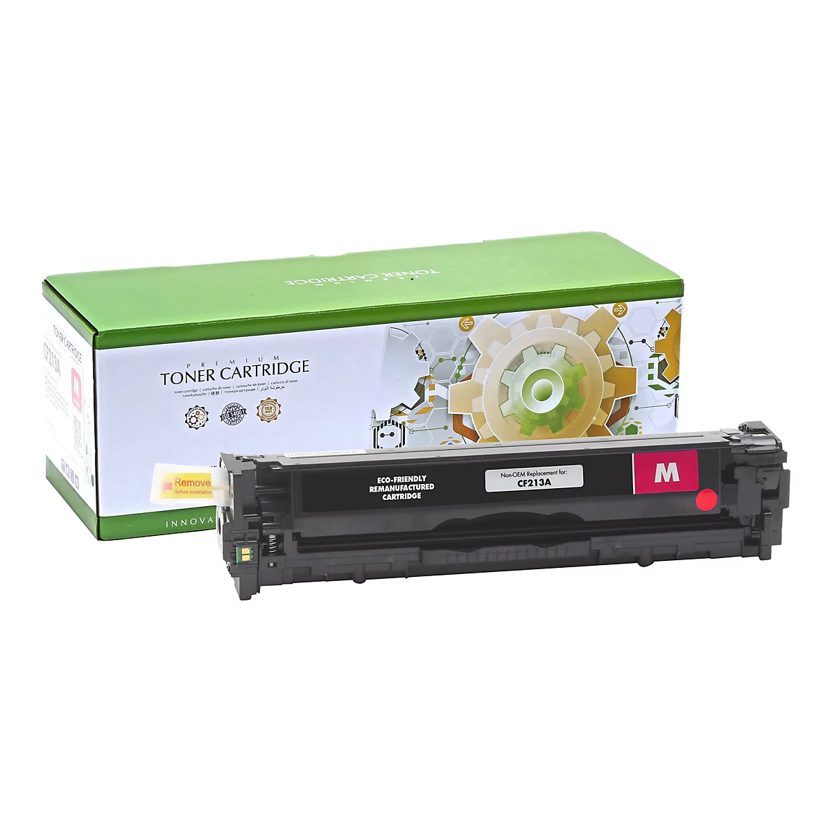 Eine Tintenpatrone und ihre grÃ¼ne Verpackung, mit Aufschrift TONER CARTRIDGE.
