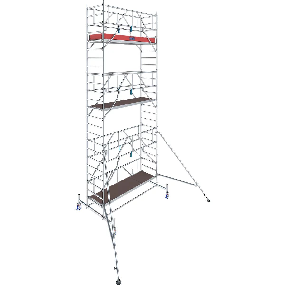 Ein hohes, mobiles Gerüst aus Metall. Es hat mehrere Plattformen und ist mit Rädern ausgestattet.
