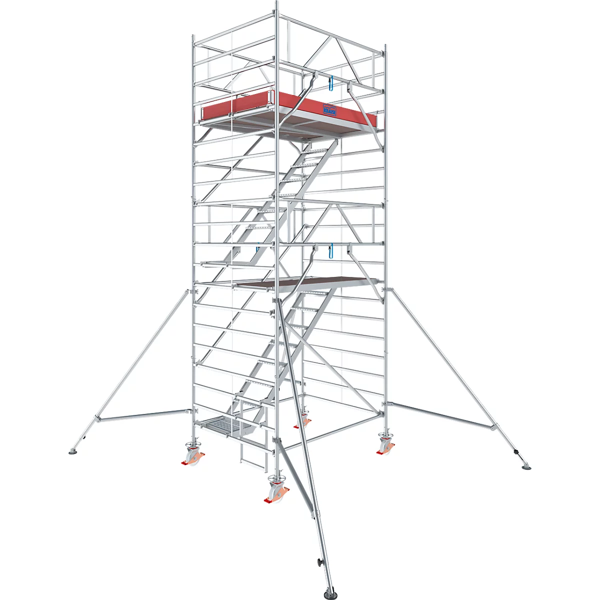 Ein silbernes Gerüst mit roter Plattform und Treppe. Es steht auf Rollen und hat Stützen für Stabilität.