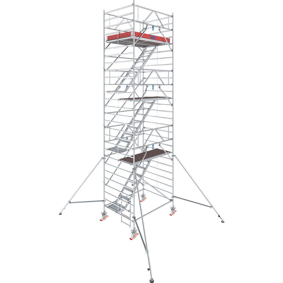 Hohes, silbernes Gerüst mit mehreren Plattformen und Leitern. Das Gerüst steht stabil auf Stützen.