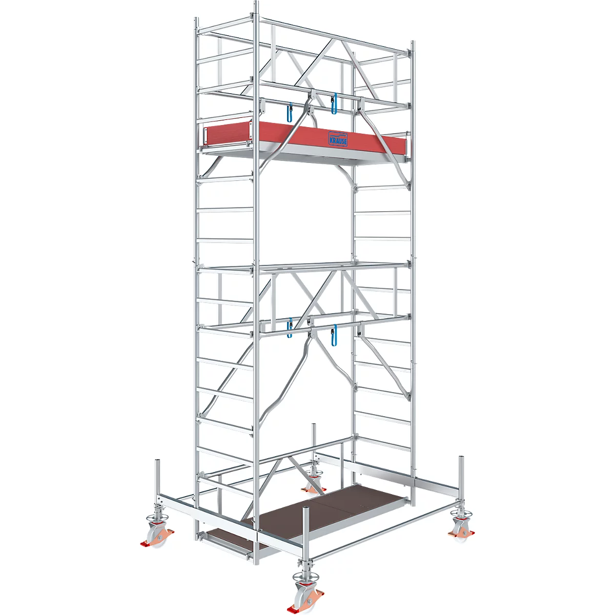 Ein silbernes Gerüst, das auf Rollen steht, mit roter Plattform in der Mitte. Blaue und rote Elemente sind zu sehen.