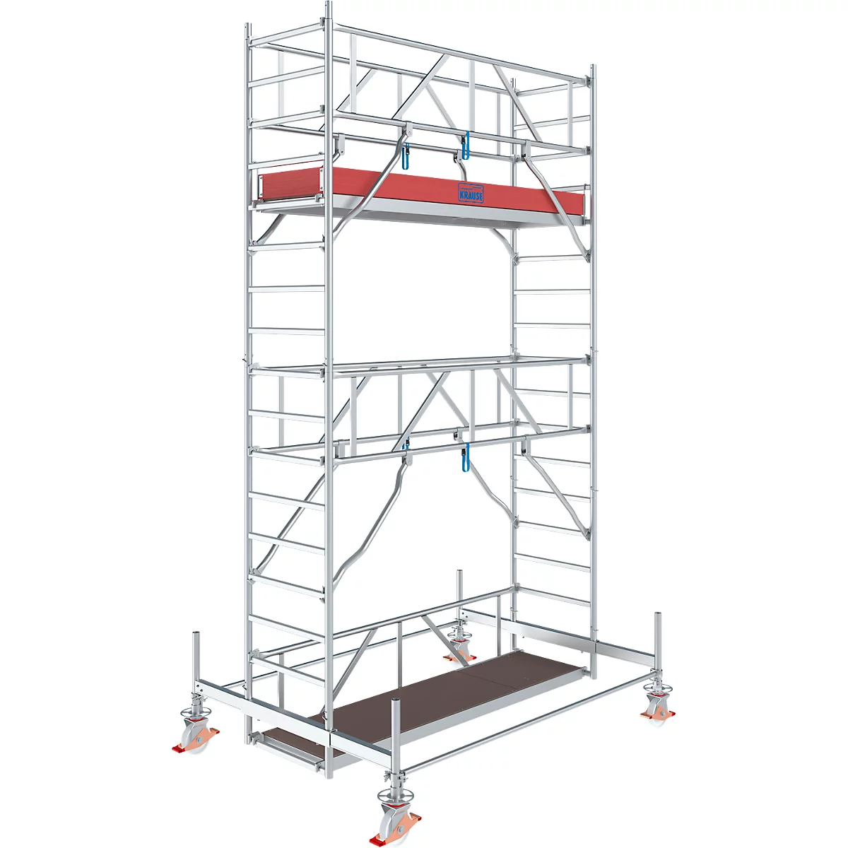 Ein freistehendes, rollbares Gerüst aus Metall. Es hat mehrere Ebenen, rote Plattformen, blaue Sicherungen und Räder.