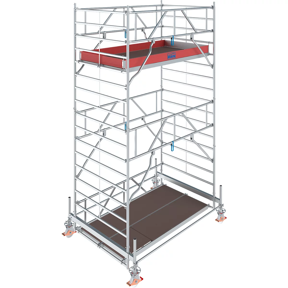 Gerüst aus Metall mit Rollen, roter Ablage und dunklem Boden. Blau markiert.